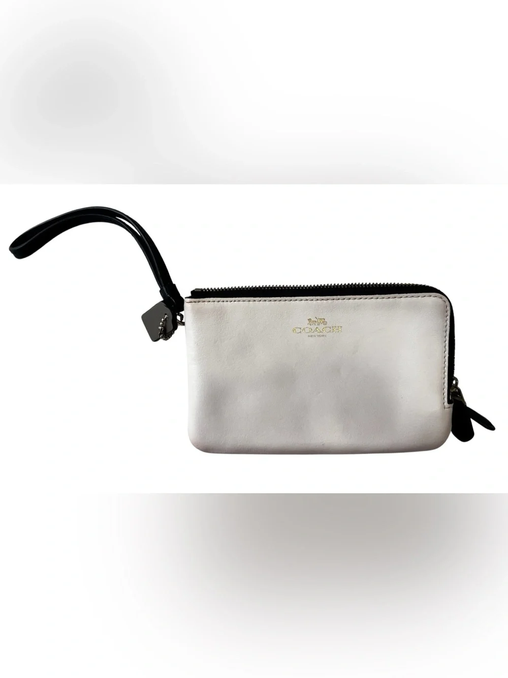 Coach Double Zip Wristlet Pouch White Leather & Signature Canvas Black Brown EUC